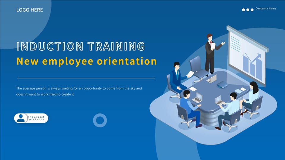 blue flat new employee induction training Template For Google Slides And Powerpoint -page 0