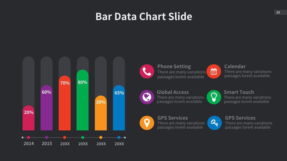 colorful bar chart on dark background with icons powerpoint background -page 0