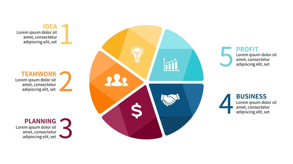 colorful pie chart with business icons powerpoint background -page 0