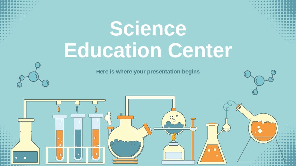 chemistry educational presentation on the green cartoon science center Template For Google Slides And Powerpoint -page 0