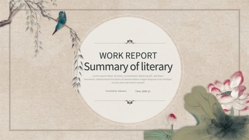 literary retro chinese lotus work summary work report plan Template For Google Slides And Powerpoint -page 0