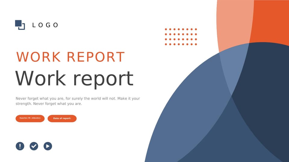 Report on Debriefing of Minimalist Geometric Work Blue and Orange Theme Template For Google Slides And Powerpoint -page 0
