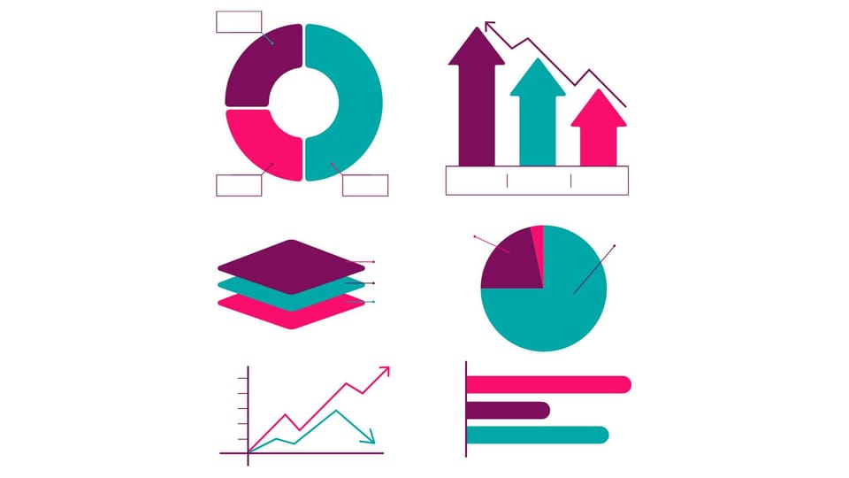 set of colorful graphic elements including pie chart graphs and arrows powerpoint background -page 0