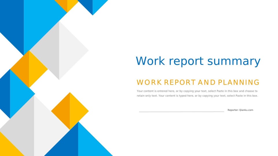 Summary of Personal Work Report on Simple Wind Design with Two Colors Yellow and Blue Template For Google Slides And Powerpoint -page 0