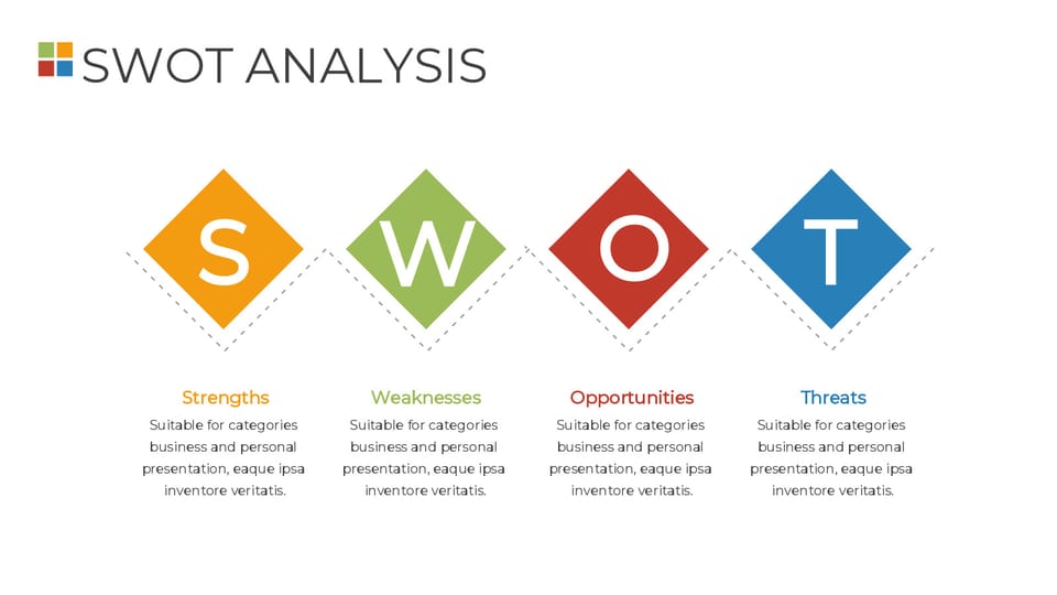 swot diagram is shown in three different colors powerpoint background -page 0
