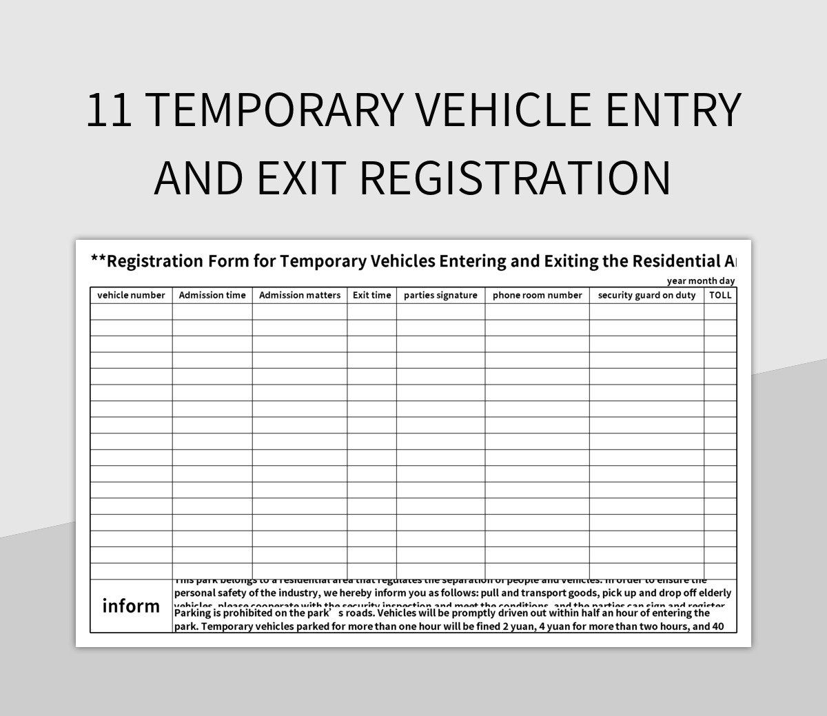 11 Temporary vehicle entry and exit registration excel template