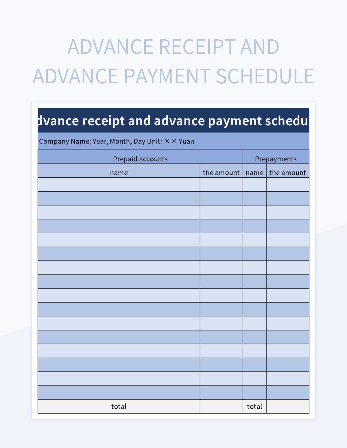 Advance receipt and advance payment schedule excel template
