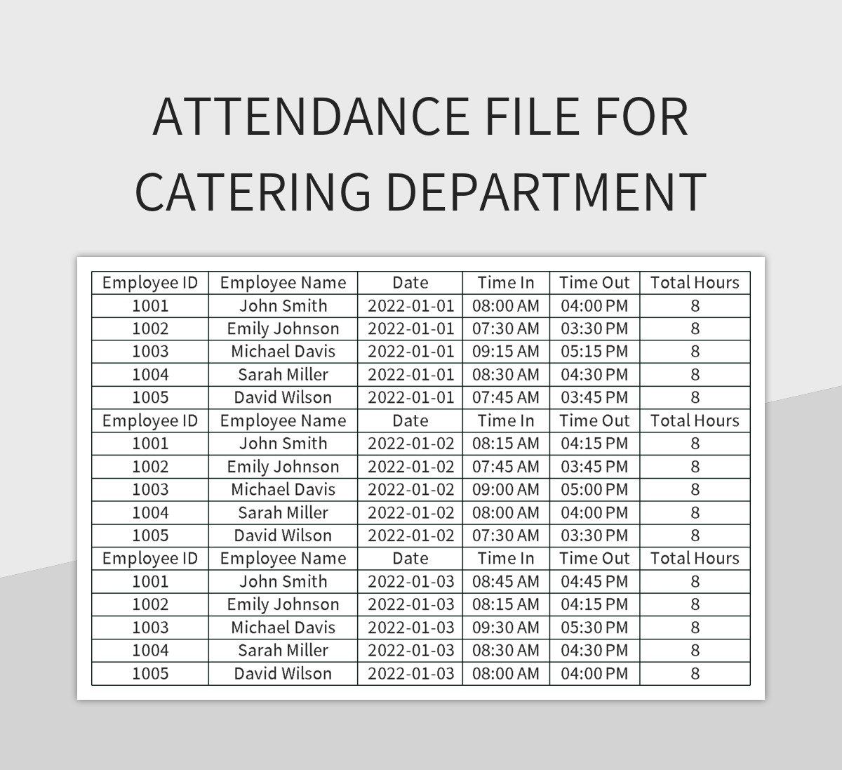 Attendance File for Catering Department excel template