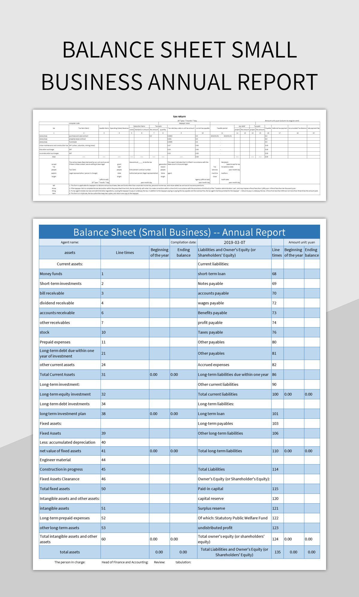 Balance Sheet Small Business Annual Report excel template