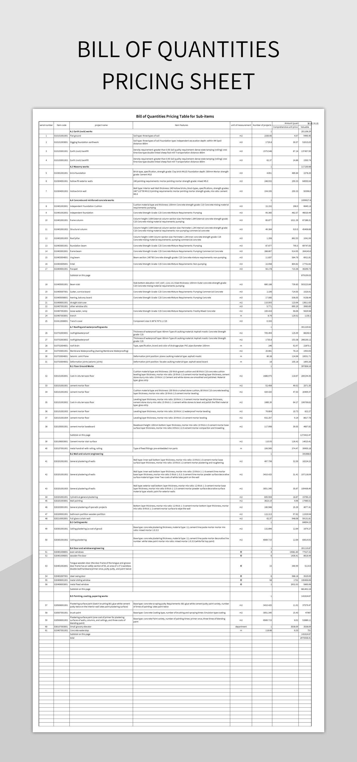 Bill of Quantities Pricing Sheet excel template