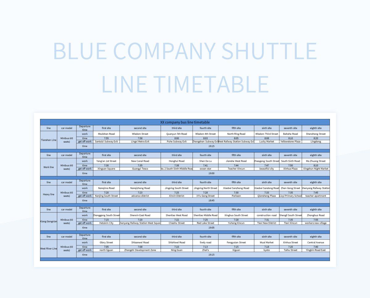 Blue Company Shuttle Line Timetable excel template