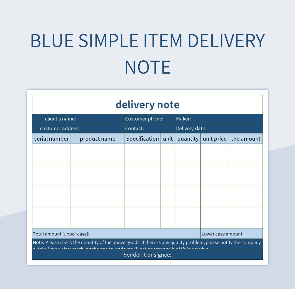 blue simple item delivery note excel template