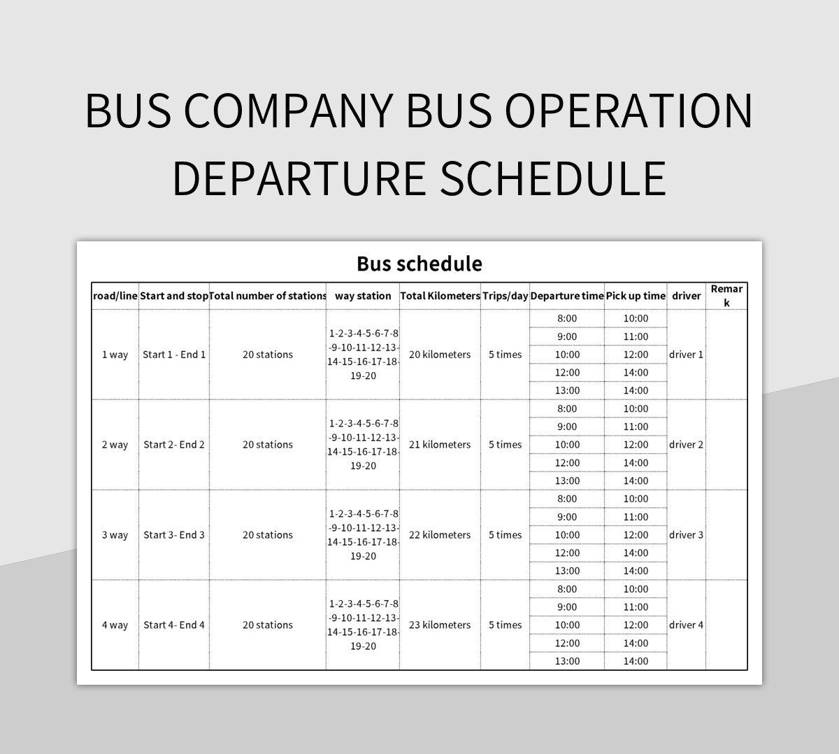 Bus company bus operation departure schedule excel template