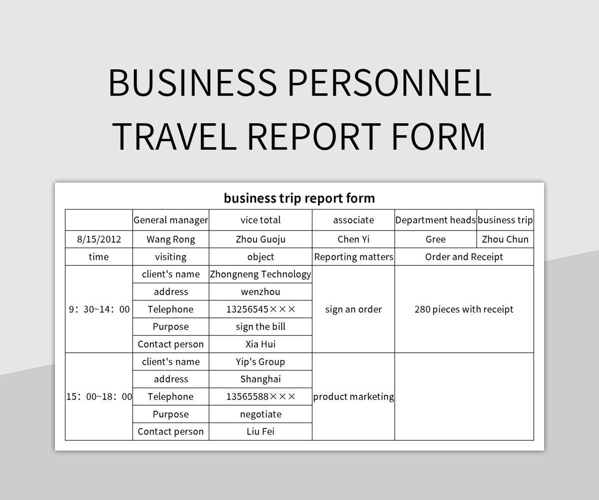 Business personnel travel report form excel template
