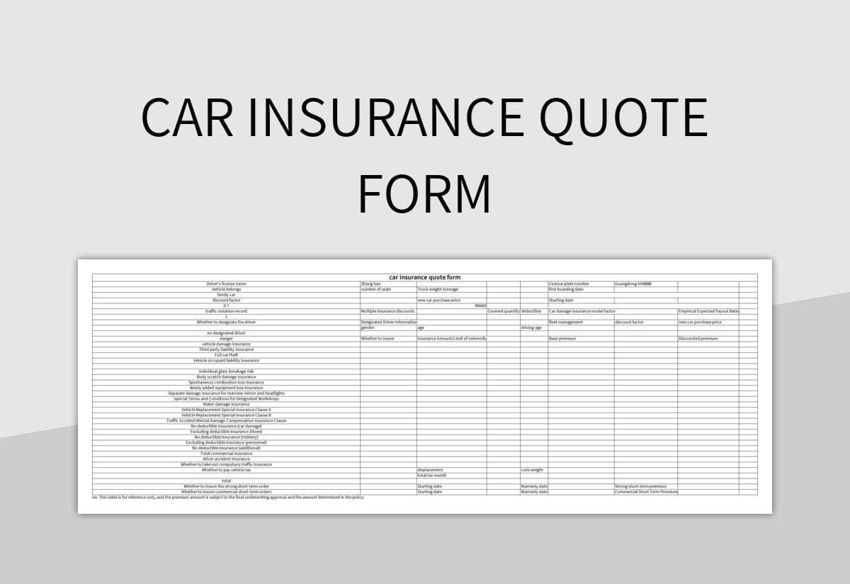 car insurance quote form excel template