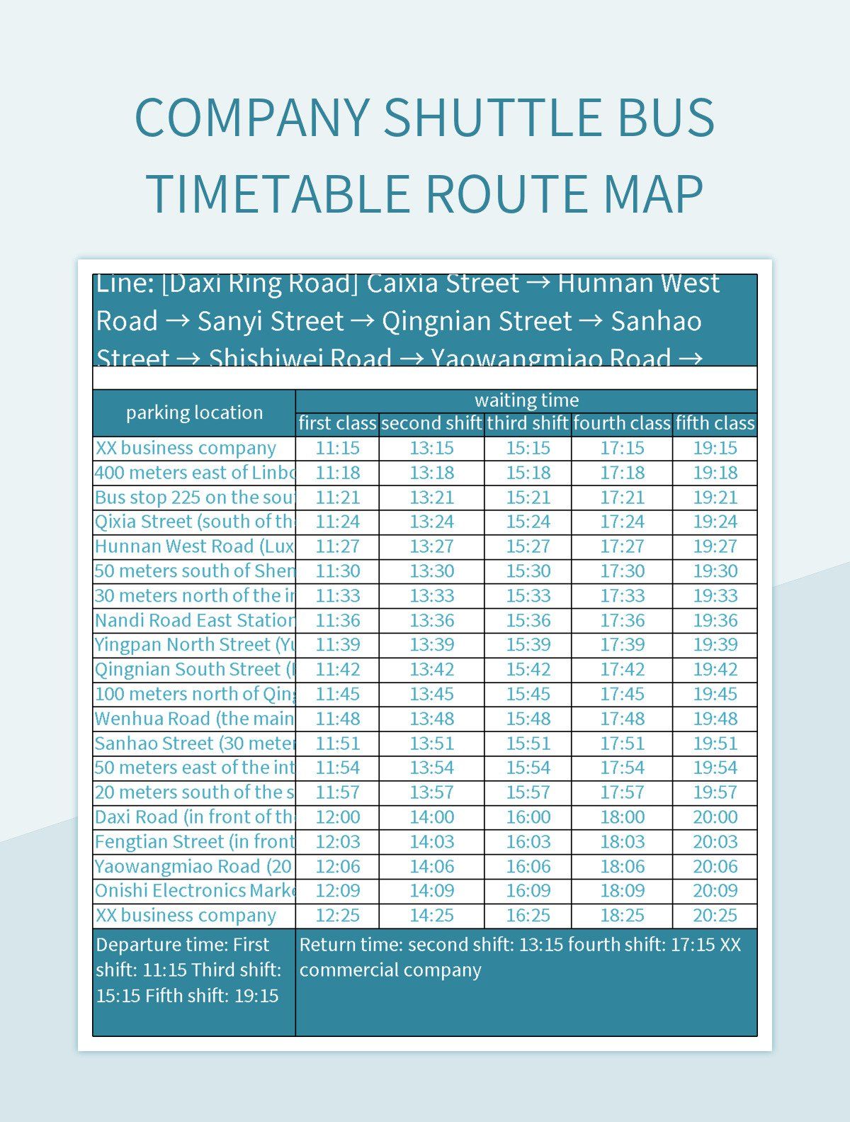 Company shuttle bus timetable route map excel template