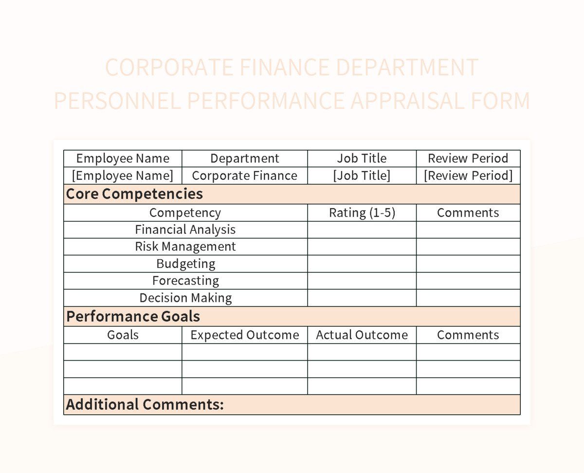 Corporate Finance Department Personnel Performance Appraisal Form excel template