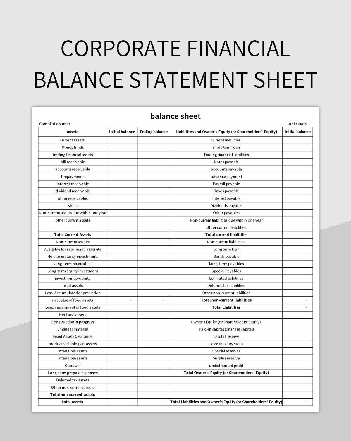 corporate financial balance statement sheet excel template