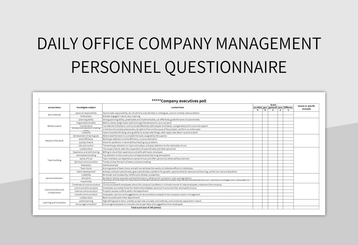 Daily office company management personnel questionnaire excel template