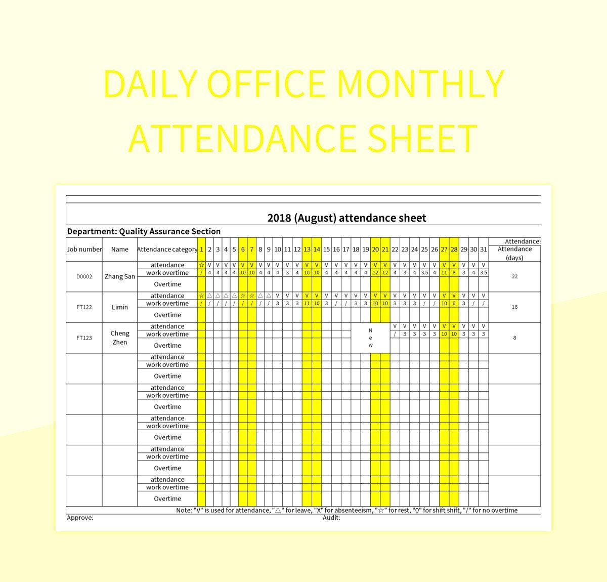 Daily office monthly attendance sheet excel template