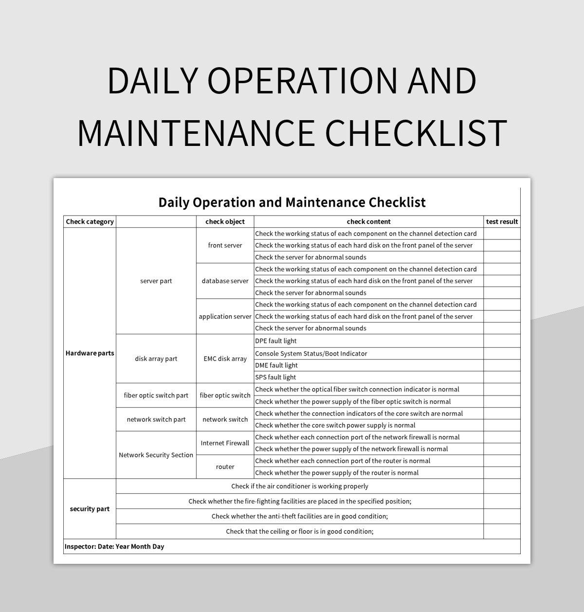 Daily Operation and Maintenance Checklist excel template