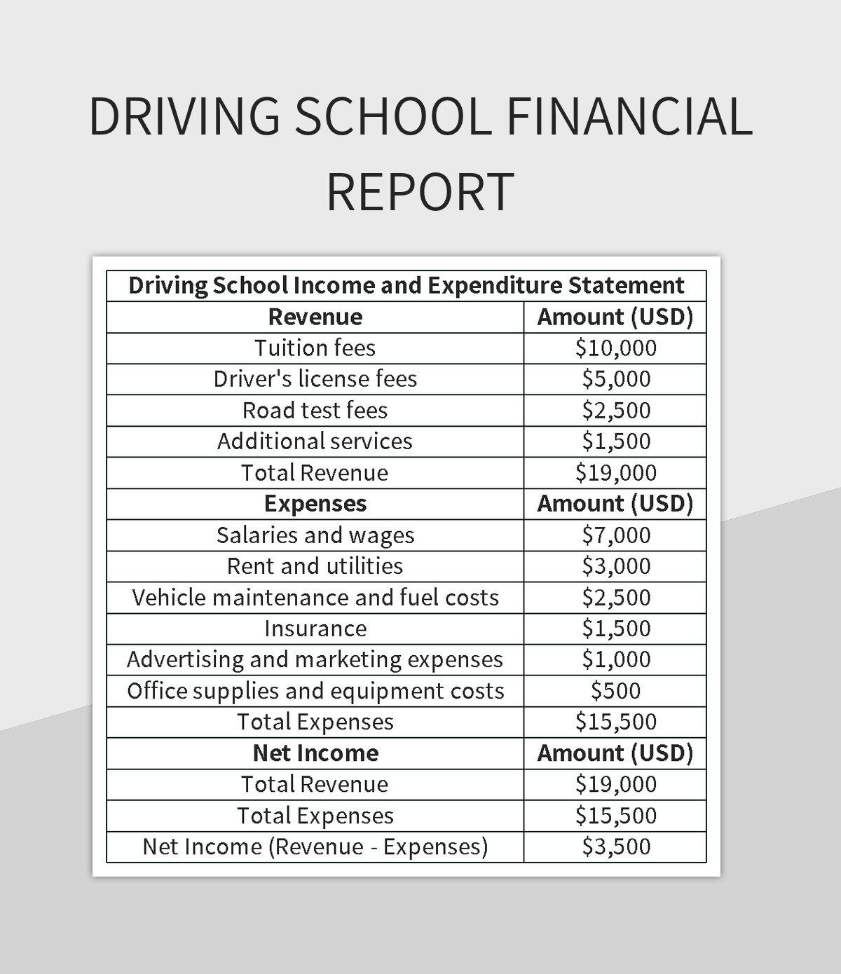 Driving School Financial Report excel template