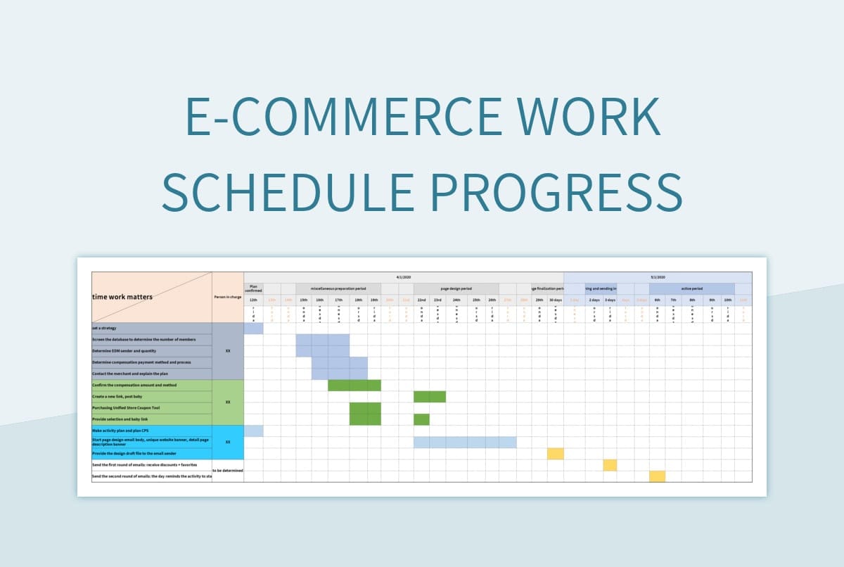 e-commerce work schedule progress excel template