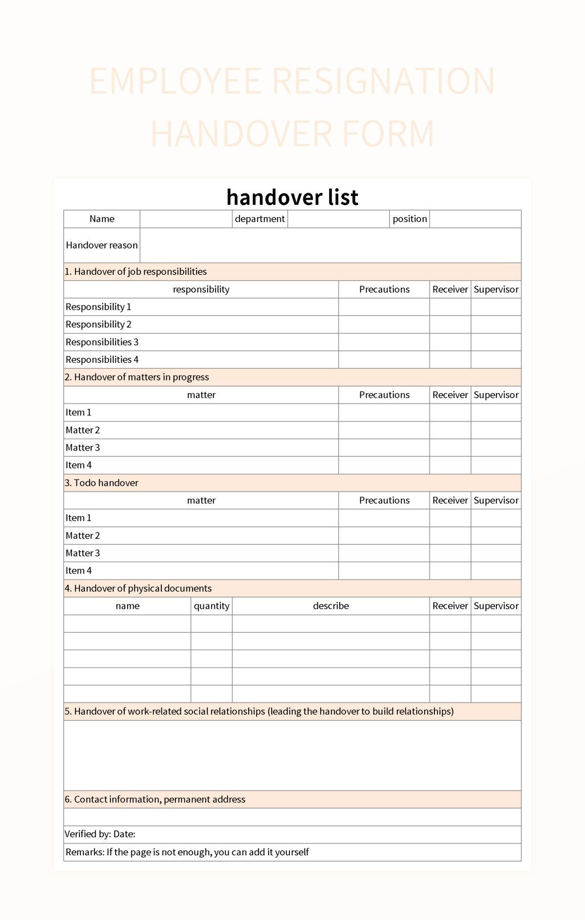 employee resignation handover form excel template
