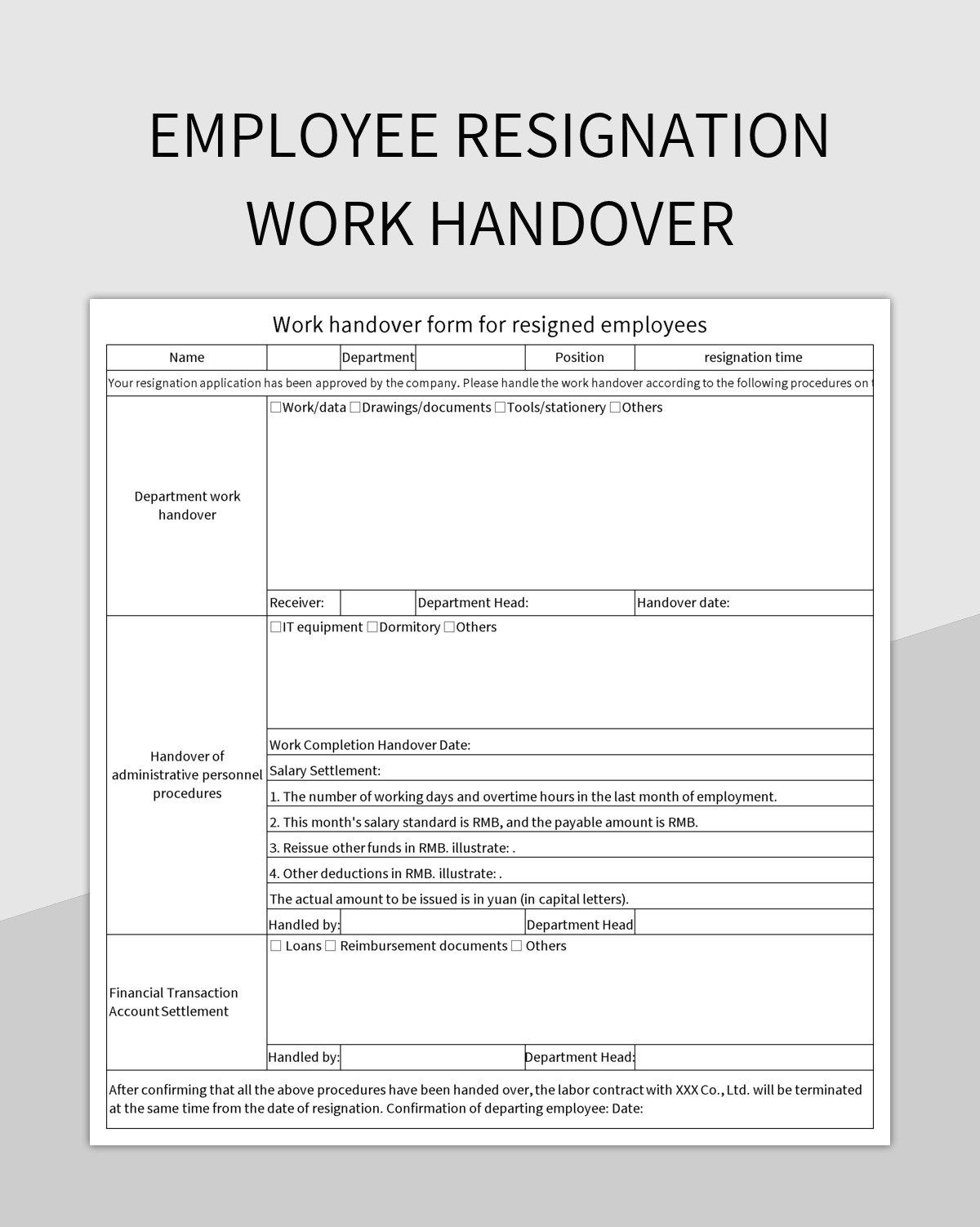 Employee resignation work handover excel template