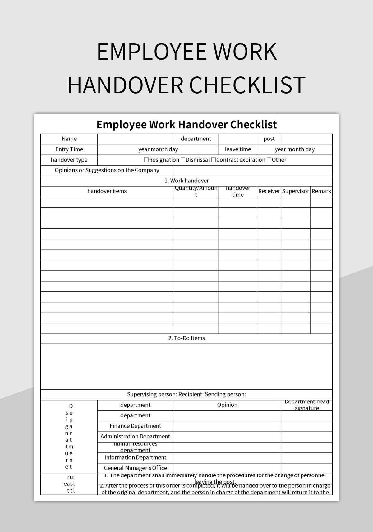 Employee Work Handover Checklist excel template