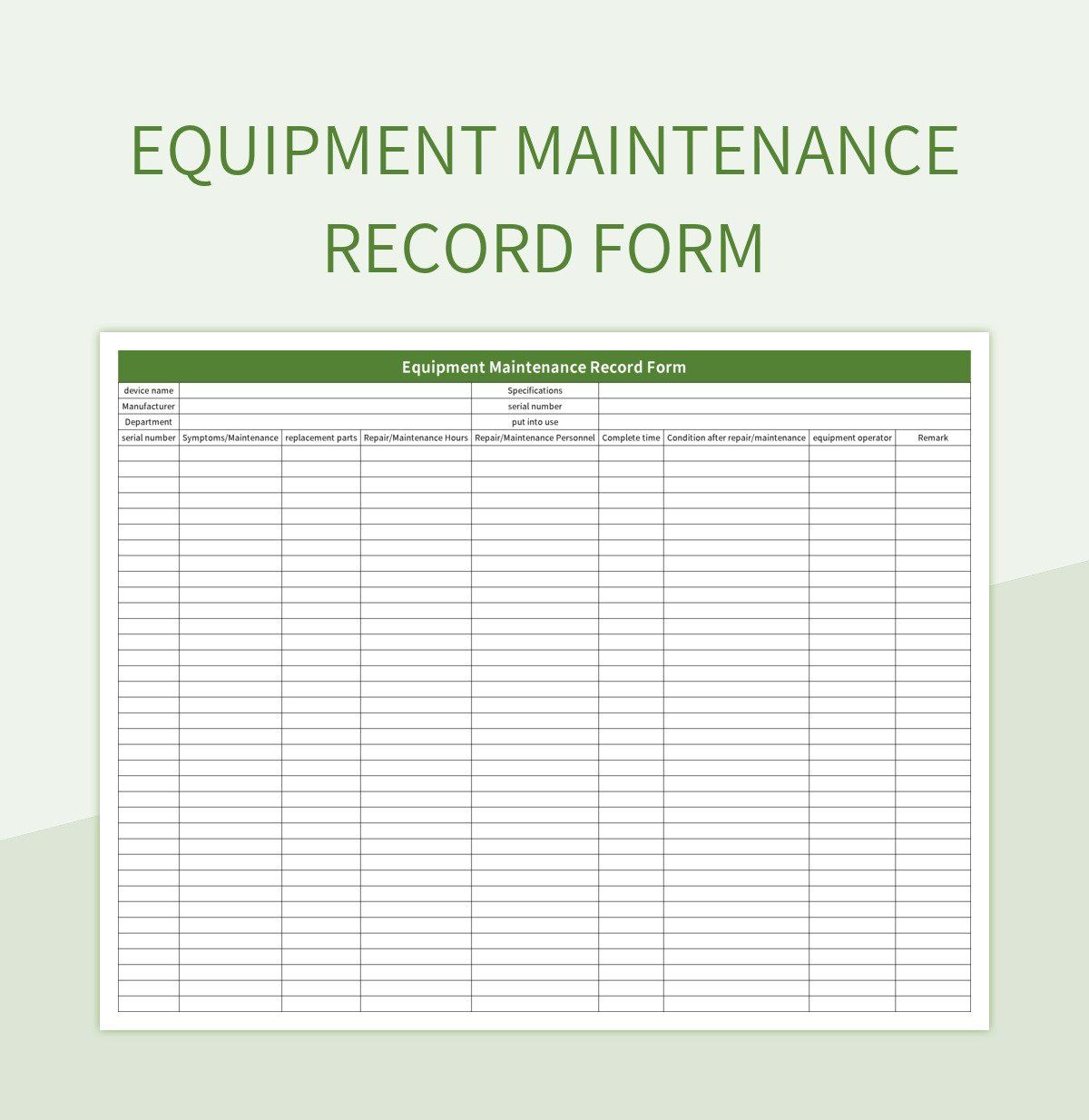 Equipment Maintenance Record Form excel template