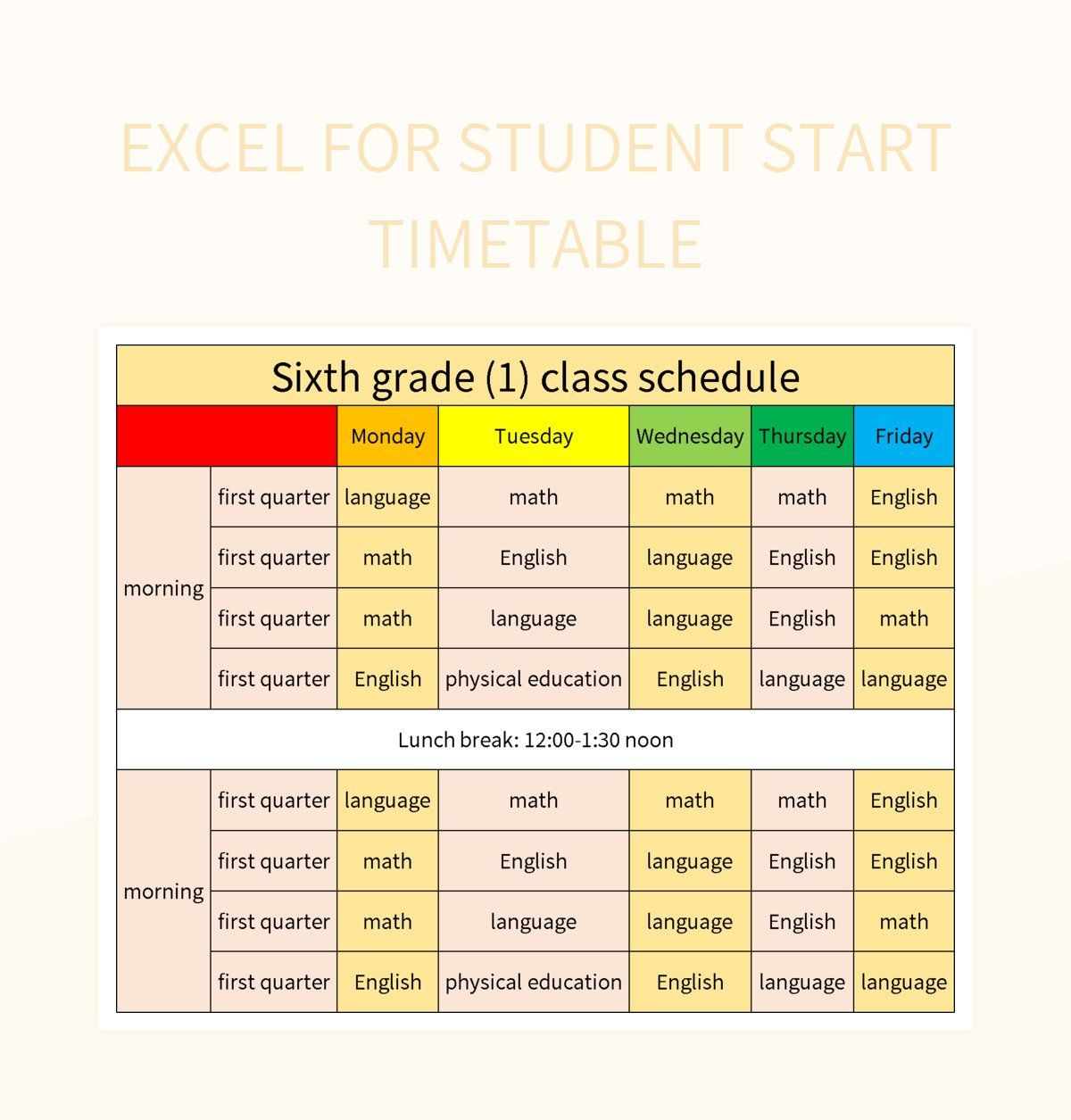 Excel for student start timetable excel template