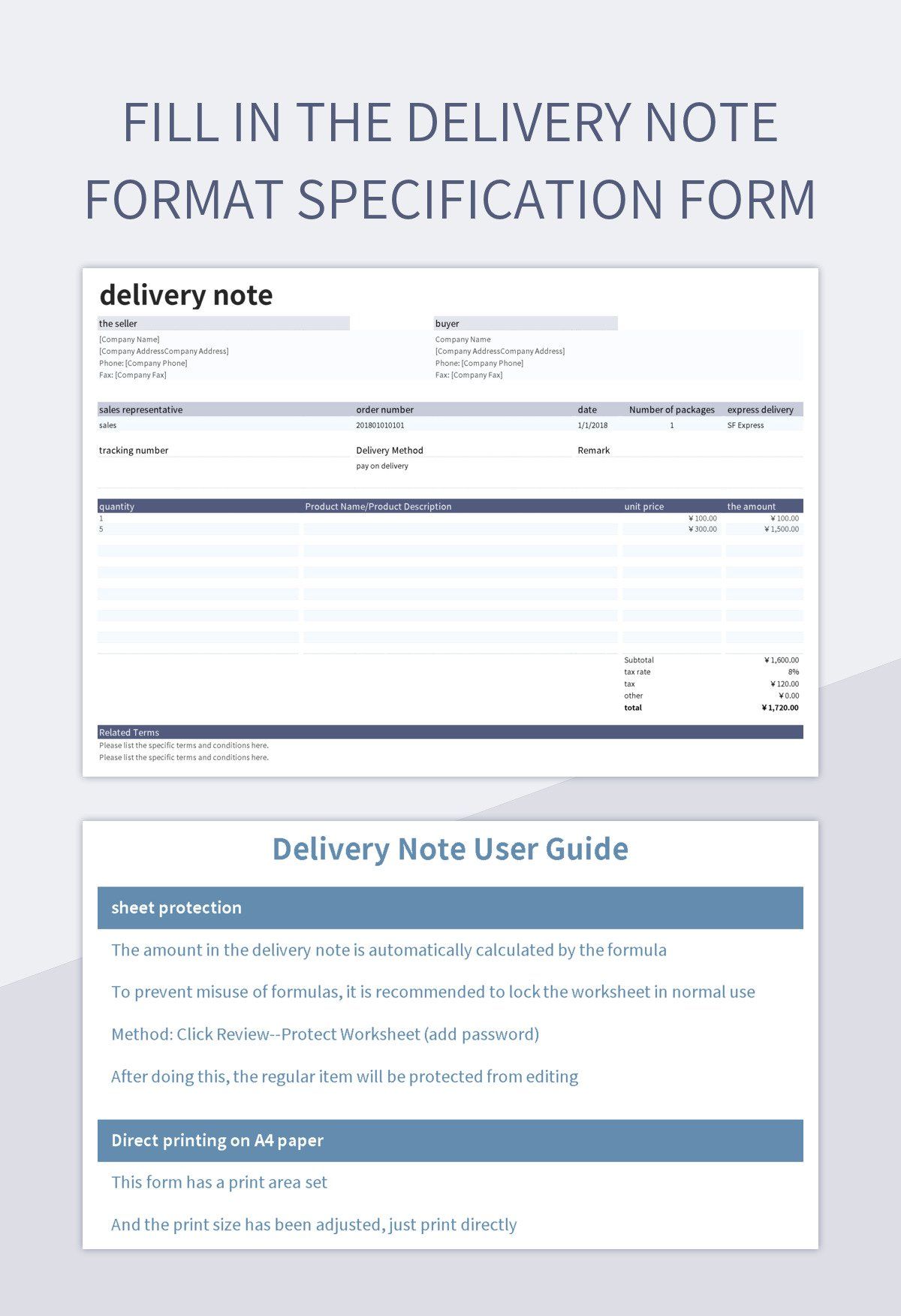 Fill in the delivery note format specification form excel template