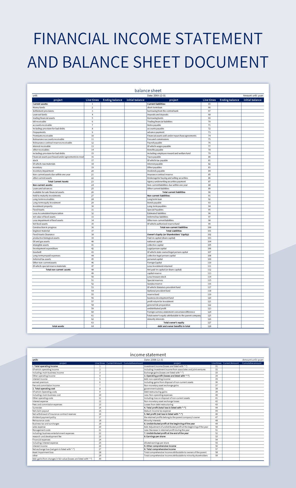 Financial income statement and balance sheet document excel template