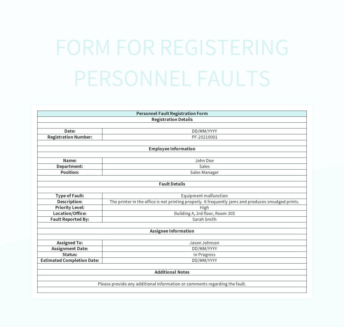Form for Registering Personnel Faults excel template