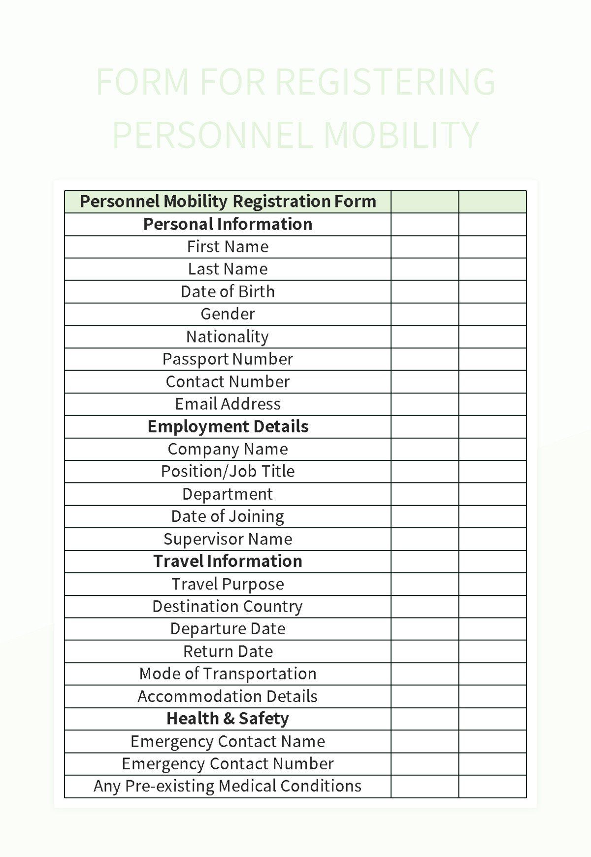 Form for registering personnel mobility excel template