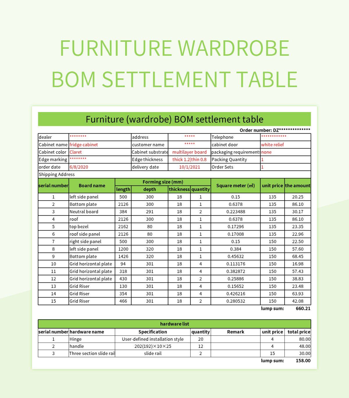 Furniture wardrobe BOM settlement table excel template