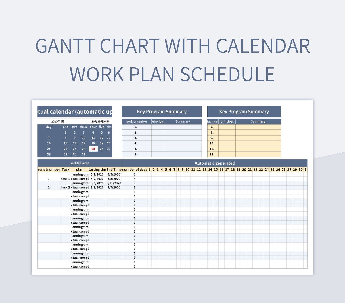 Gantt chart with calendar work plan schedule excel template