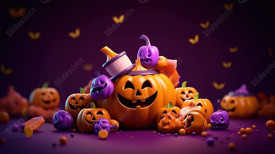 Fundo Halloween Deleite Jackolantern Abóbora Doces Ossos E Morcego Sob A Lua Em Uma Renderização 3D Roxa Para Slide