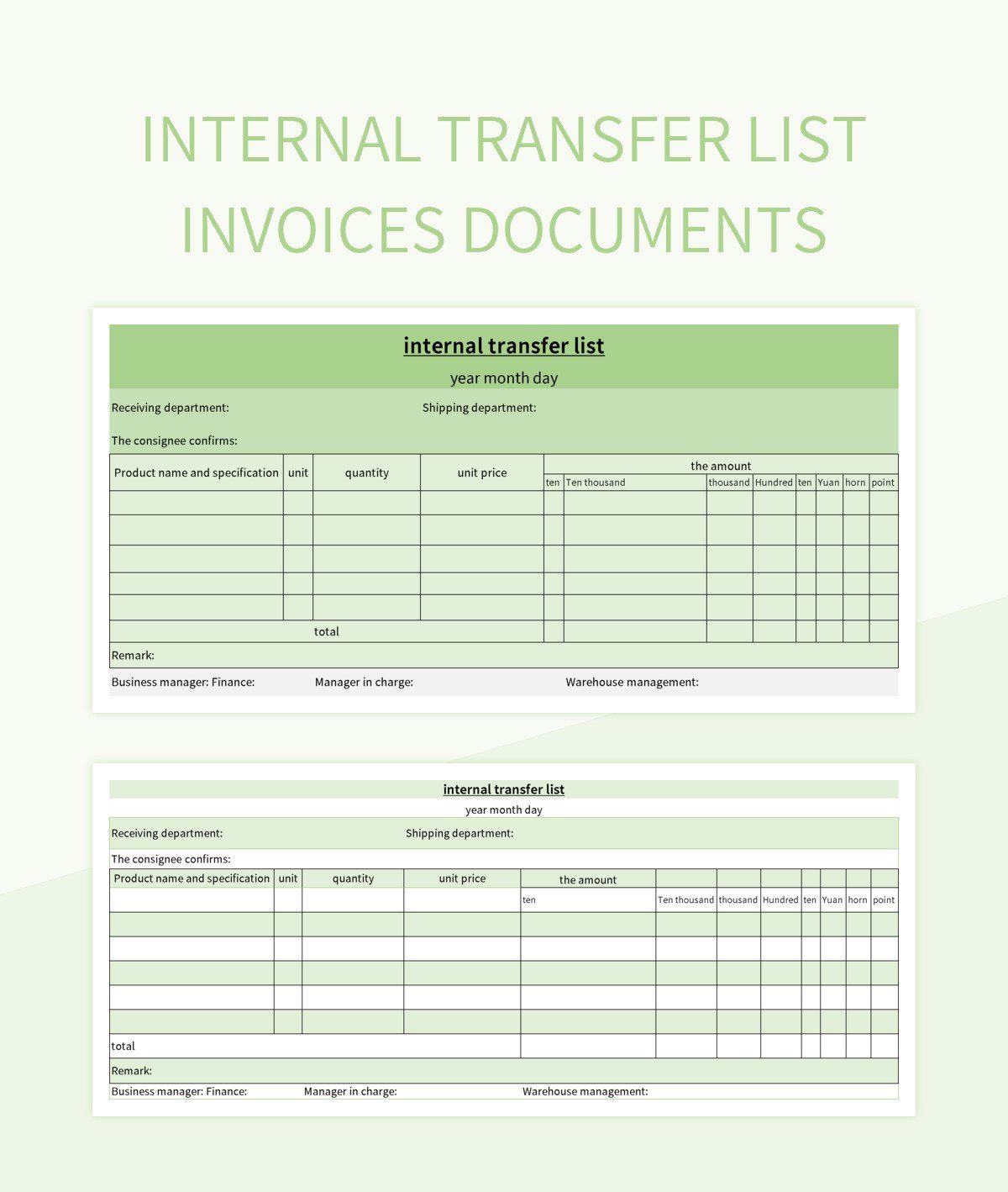 internal transfer list invoices documents excel template