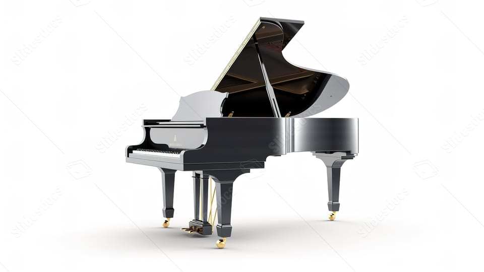 isolated 3d render of piano grand piano and percussion music instrument on white powerpoint background