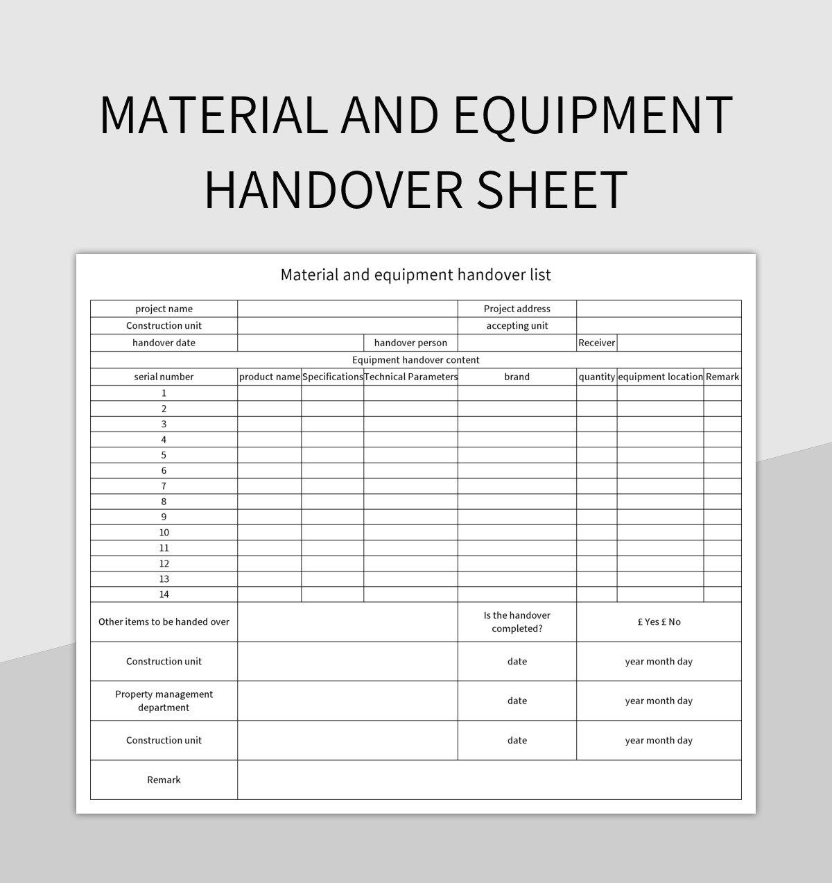Material and Equipment Handover Sheet excel template