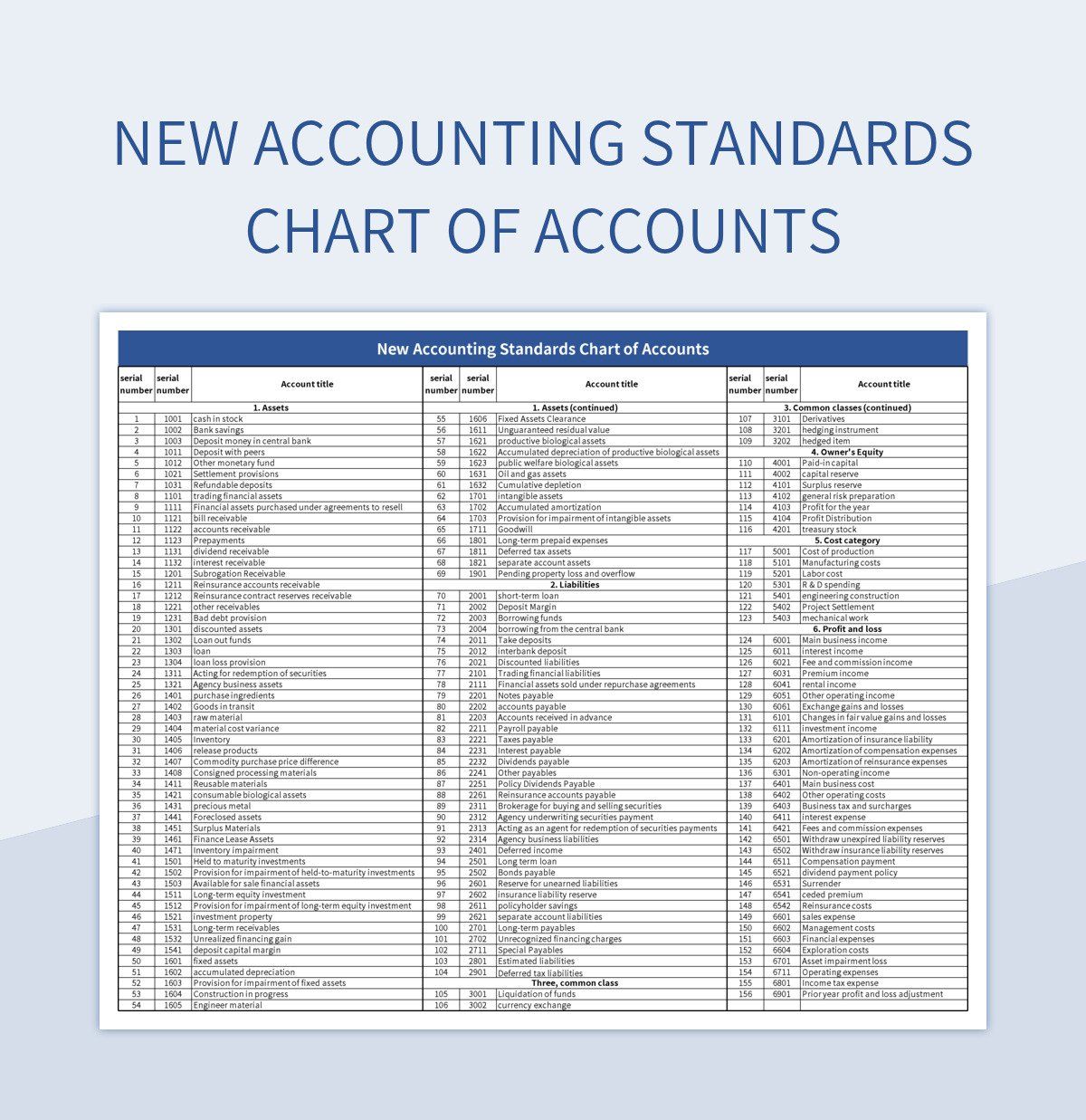 New Accounting Standards Chart of Accounts excel template