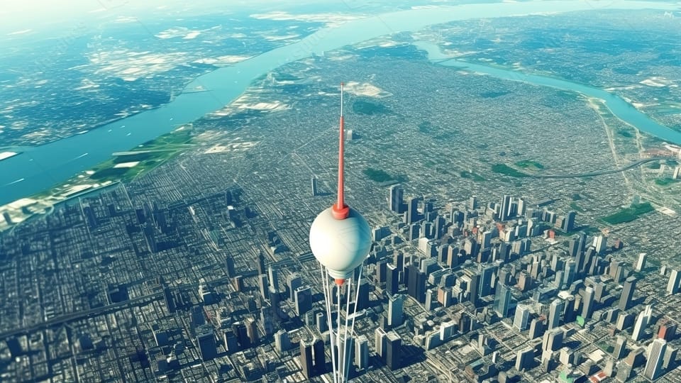 new york city's skyline with gps and internet enabled communication satellites in 3d powerpoint background