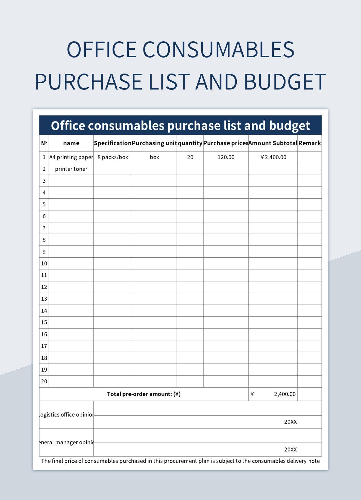 Office consumables purchase list and budget excel template