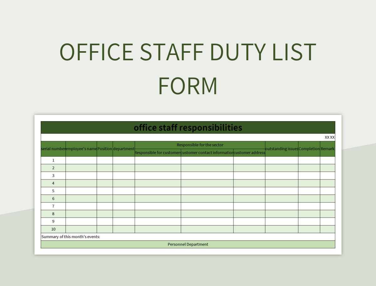 Office staff duty list form excel template