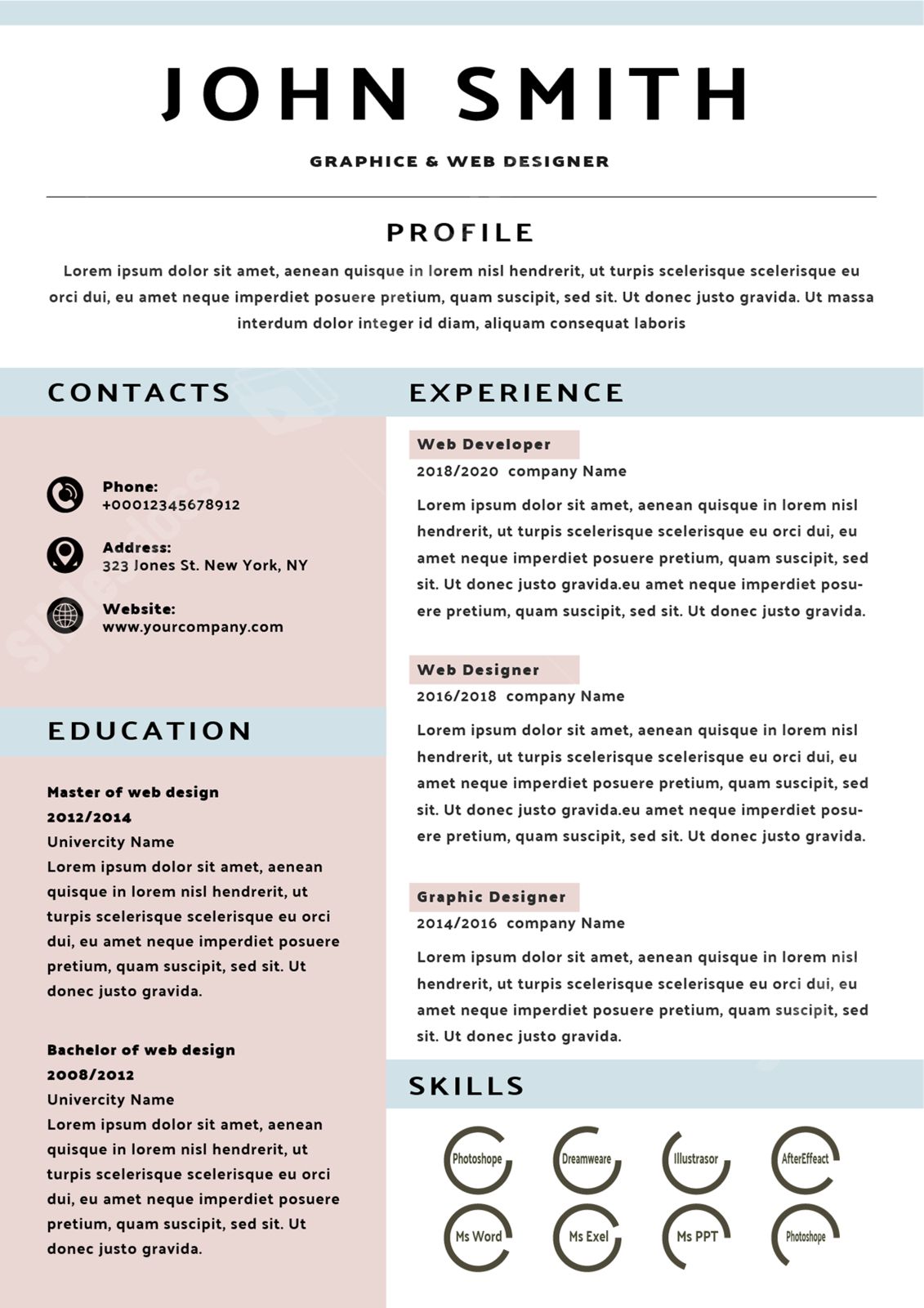 personal information form for recruitment pink and blue resume design word template