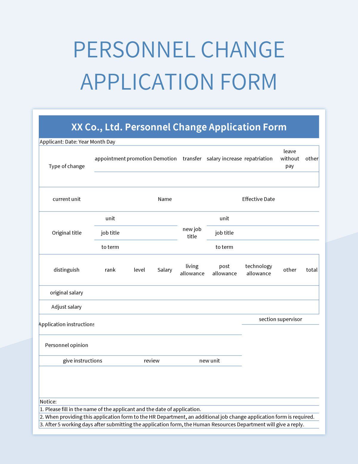Personnel change application form excel template