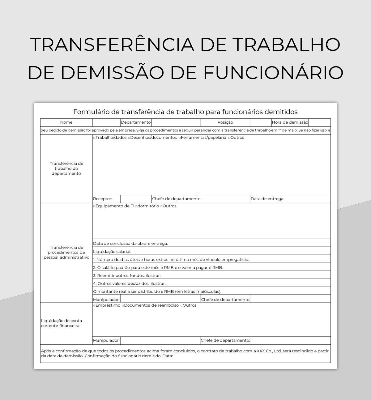 planilha Transferência De Trabalho De Demissão De Funcionário e planilhas do Google