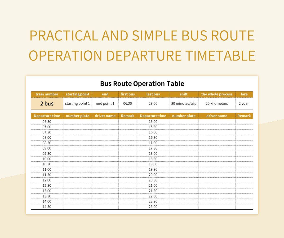 Practical and simple bus route operation departure timetable excel template